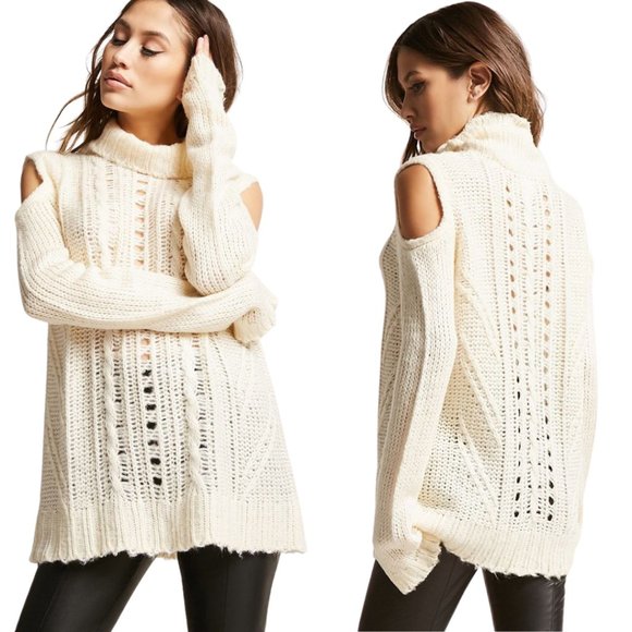 l love Cream Open Shoulder Cable Knit Sweater - Cream - Picture 1 of 5